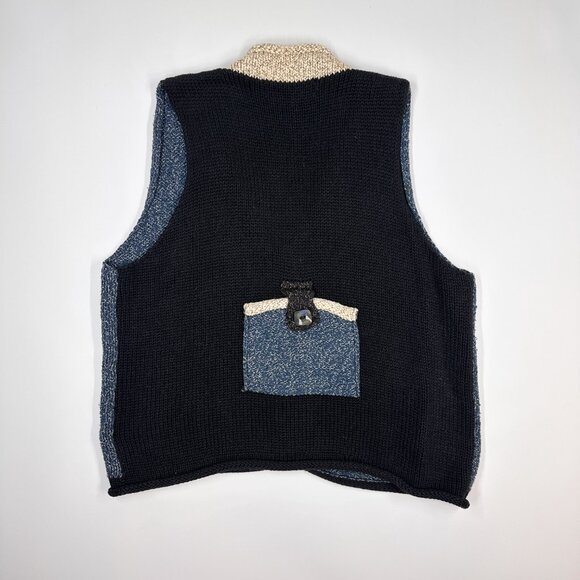 SOLD Vintage Ani Barrie Art Sweater Vest 100% Cotton Blue Black Pockets Knit - Picture 5 of 8